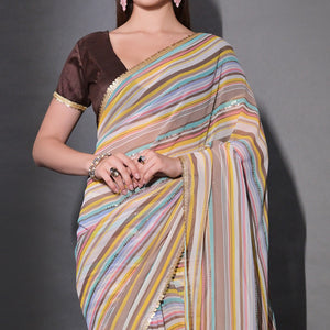 Brown Striped Printed With Sequins Embroidered Georgette Saree