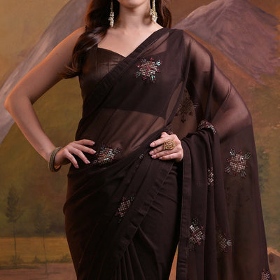 Brown Sequins Embroidered Georgette Saree