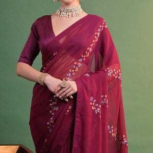 Maroon Floral Sequins Embroidered Georgette Saree