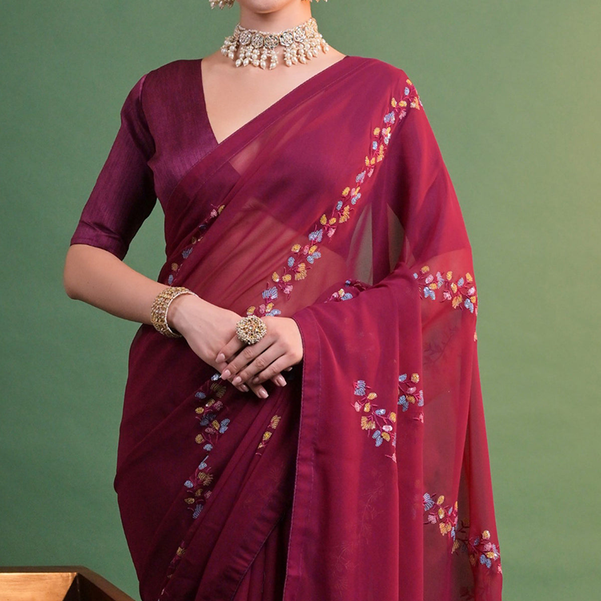 Maroon Floral Sequins Embroidered Georgette Saree