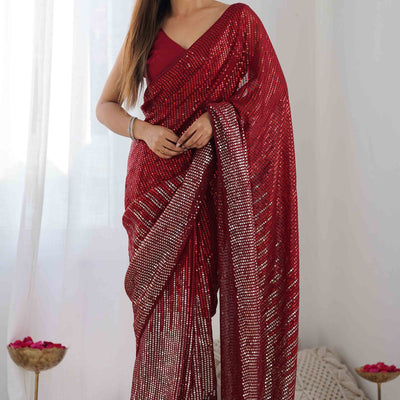 Maroon Sequins Embroidered Georgette Saree