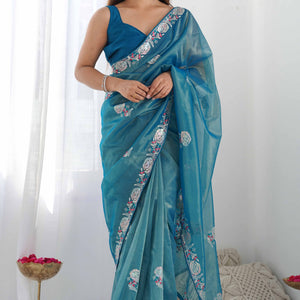 Dusty Teal Floral Embroidered Net Saree