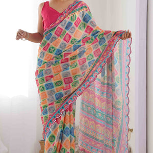 Multicolor Bandhani Printed Chinon Saree