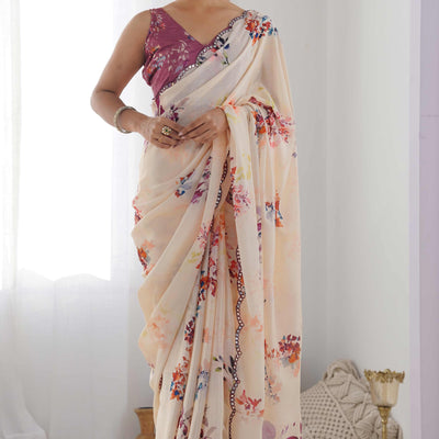 Cream Floral Printed Chinon Saree