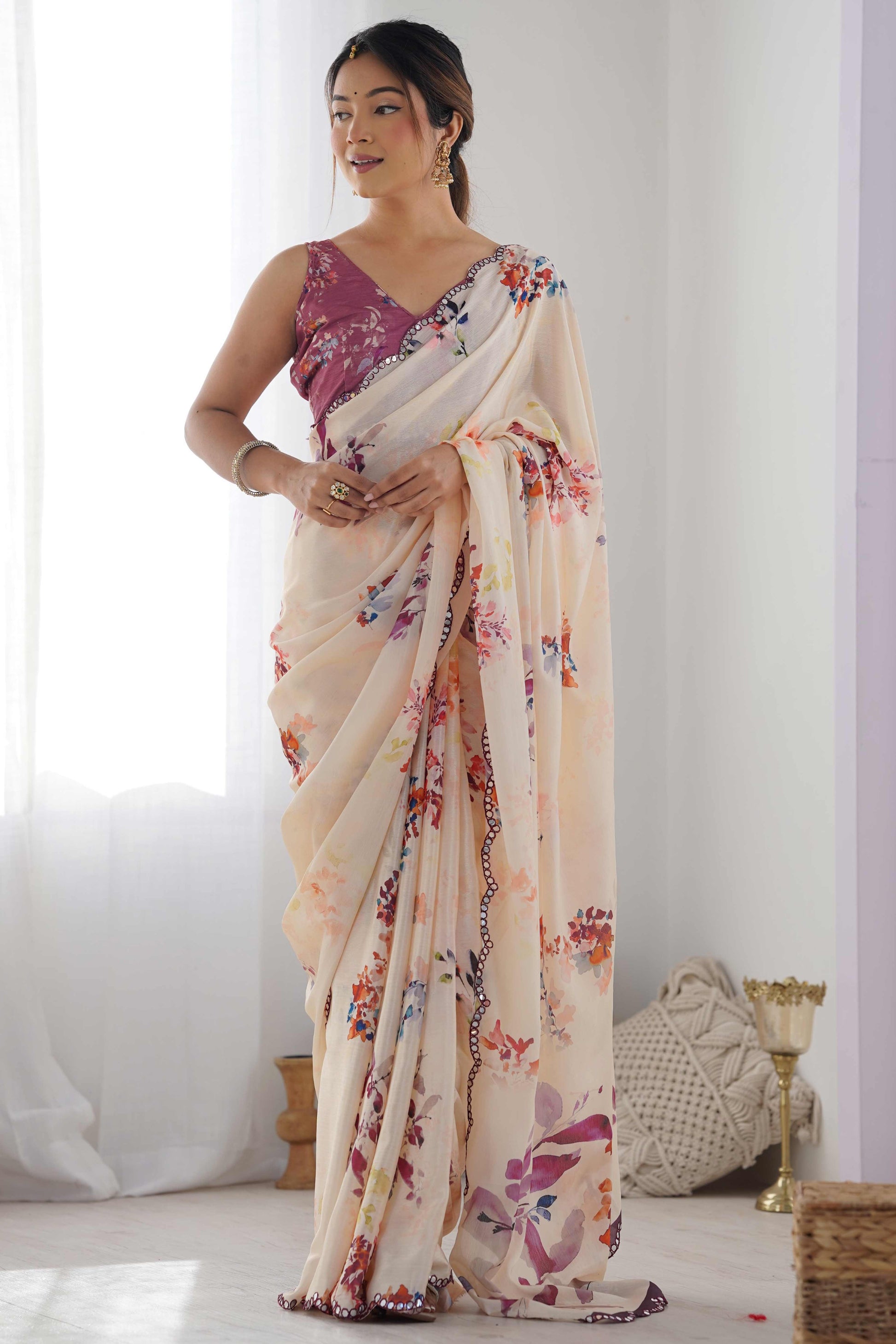 Cream Floral Printed Chinon Saree