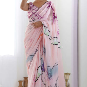 Light Pink Abstract Printed Chinon Saree