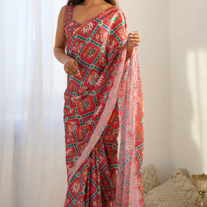Gajri Pink Patola Printed Chinon Saree