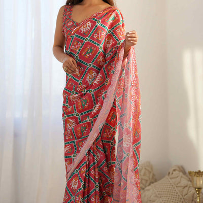 Gajri Pink Patola Printed Chinon Saree