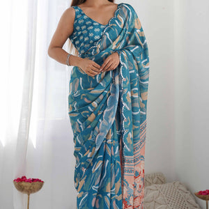 Light Teal Floral Printed Chinon Saree