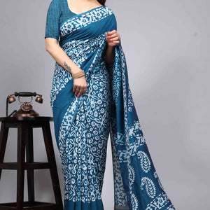 Morpich Blue Floral Printed Chanderi Cotton Silk Lagdi patta Saree