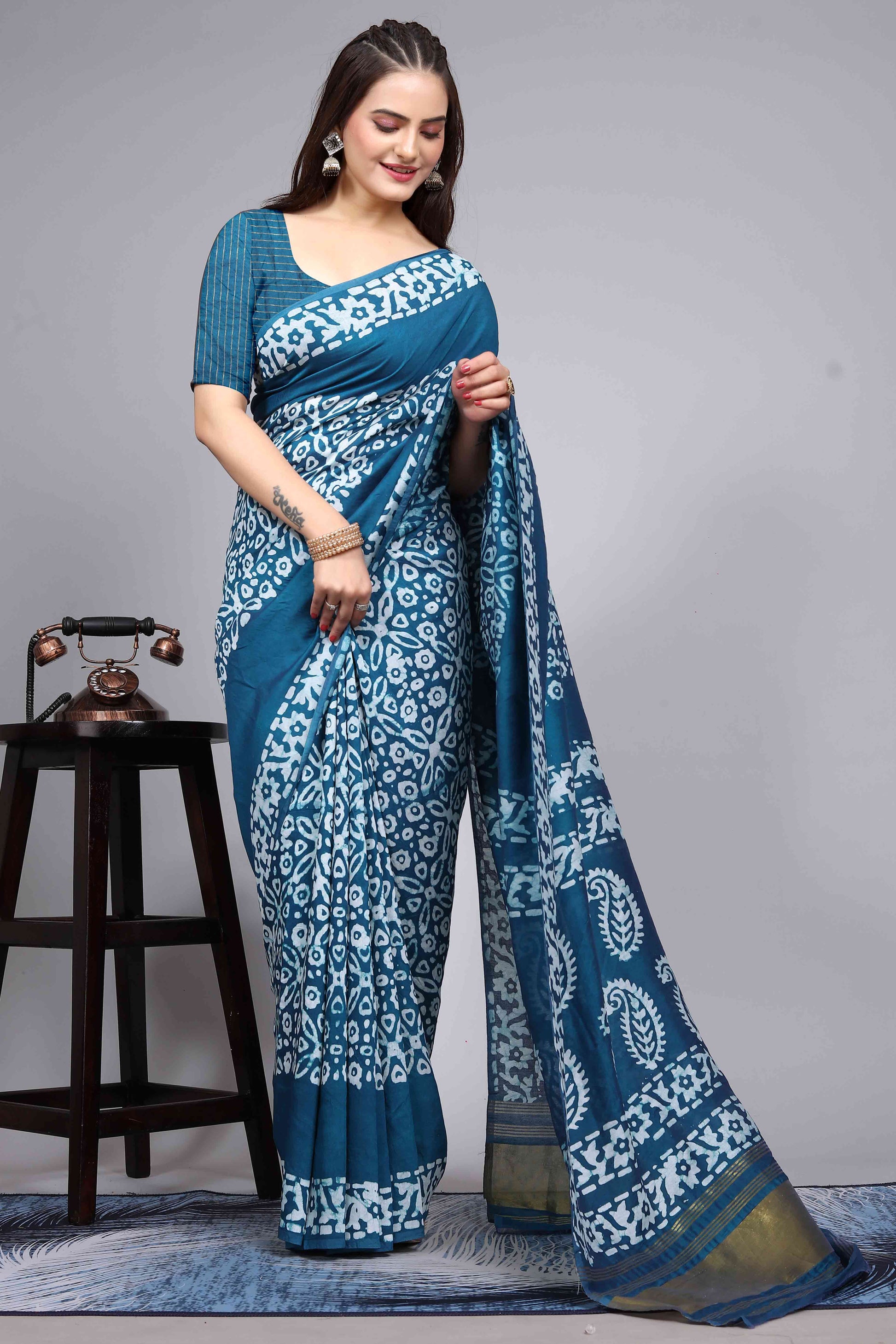Morpich Blue Floral Printed Chanderi Cotton Silk Lagdi patta Saree