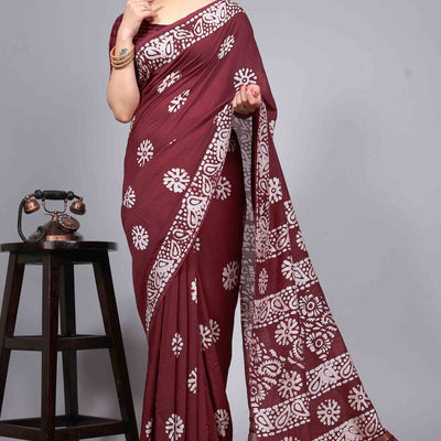 Maroon Floral Printed Chanderi Cotton Silk Lagdi patta Saree