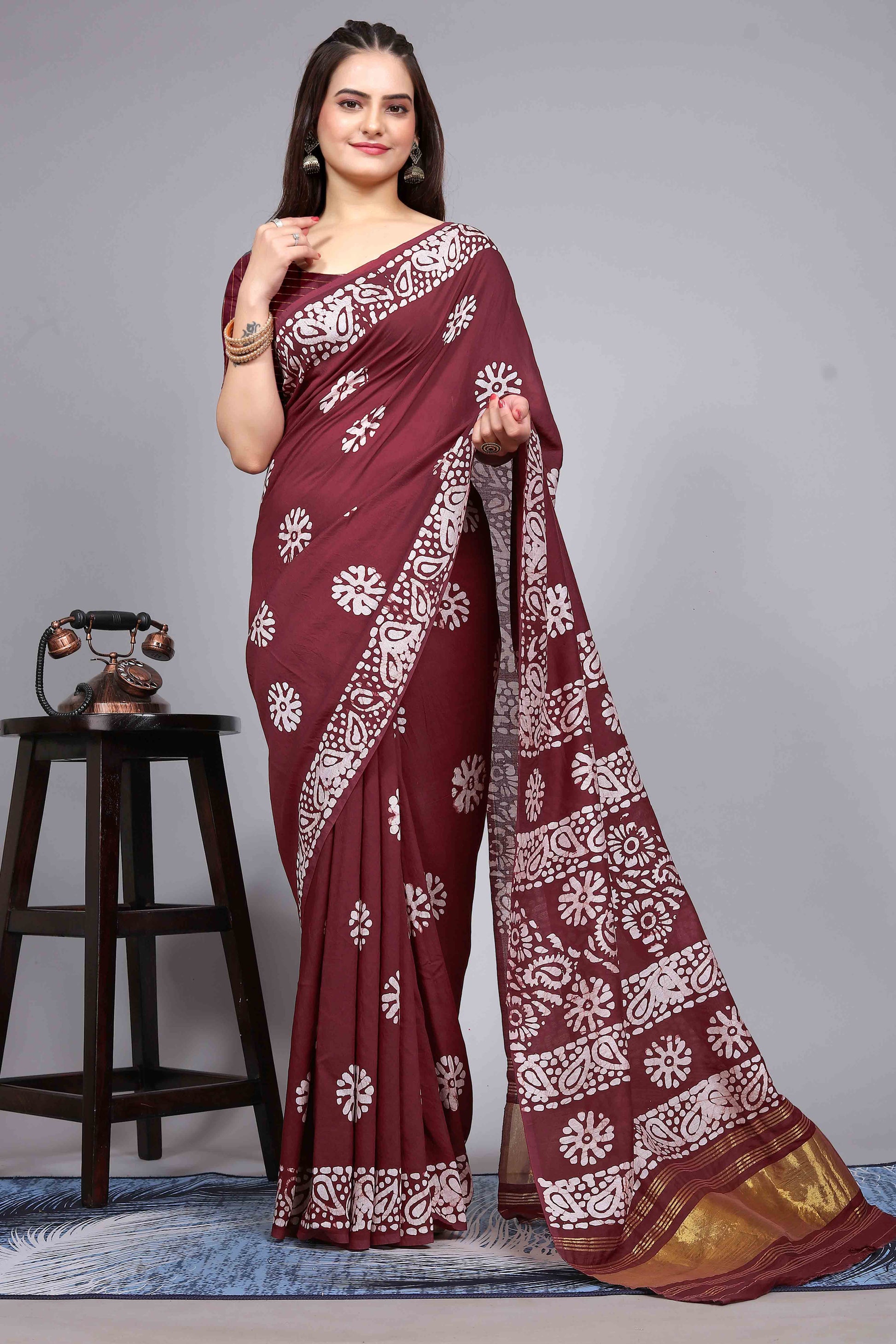 Maroon Floral Printed Chanderi Cotton Silk Lagdi patta Saree