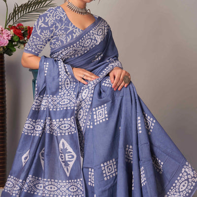 Lavender Batik Printed Chanderi Cotton Silk Saree