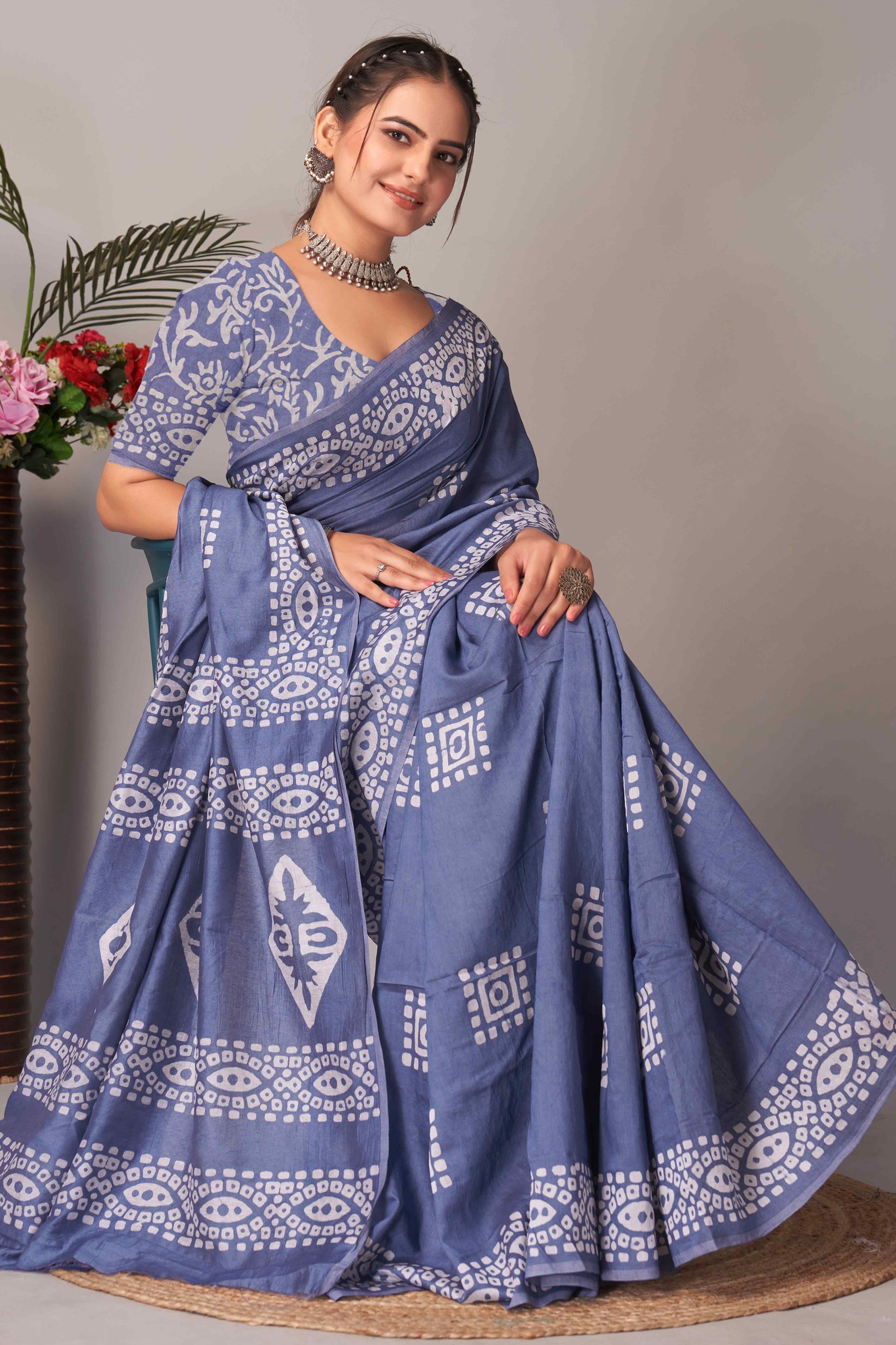 Lavender Batik Printed Chanderi Cotton Silk Saree