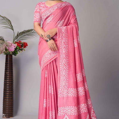 Gajari Pink Batik Printed Chanderi Cotton Silk Saree
