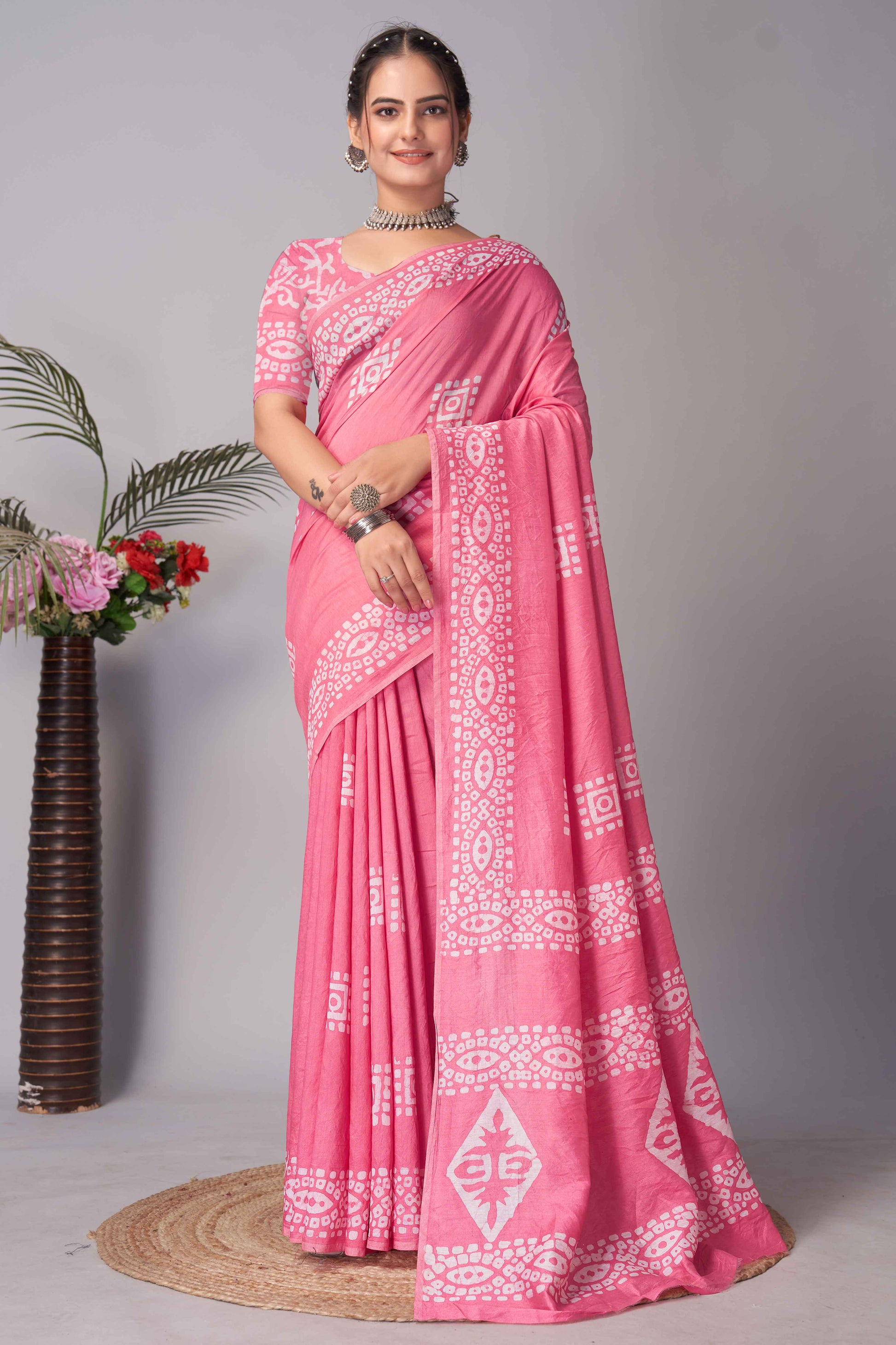 Gajari Pink Batik Printed Chanderi Cotton Silk Saree
