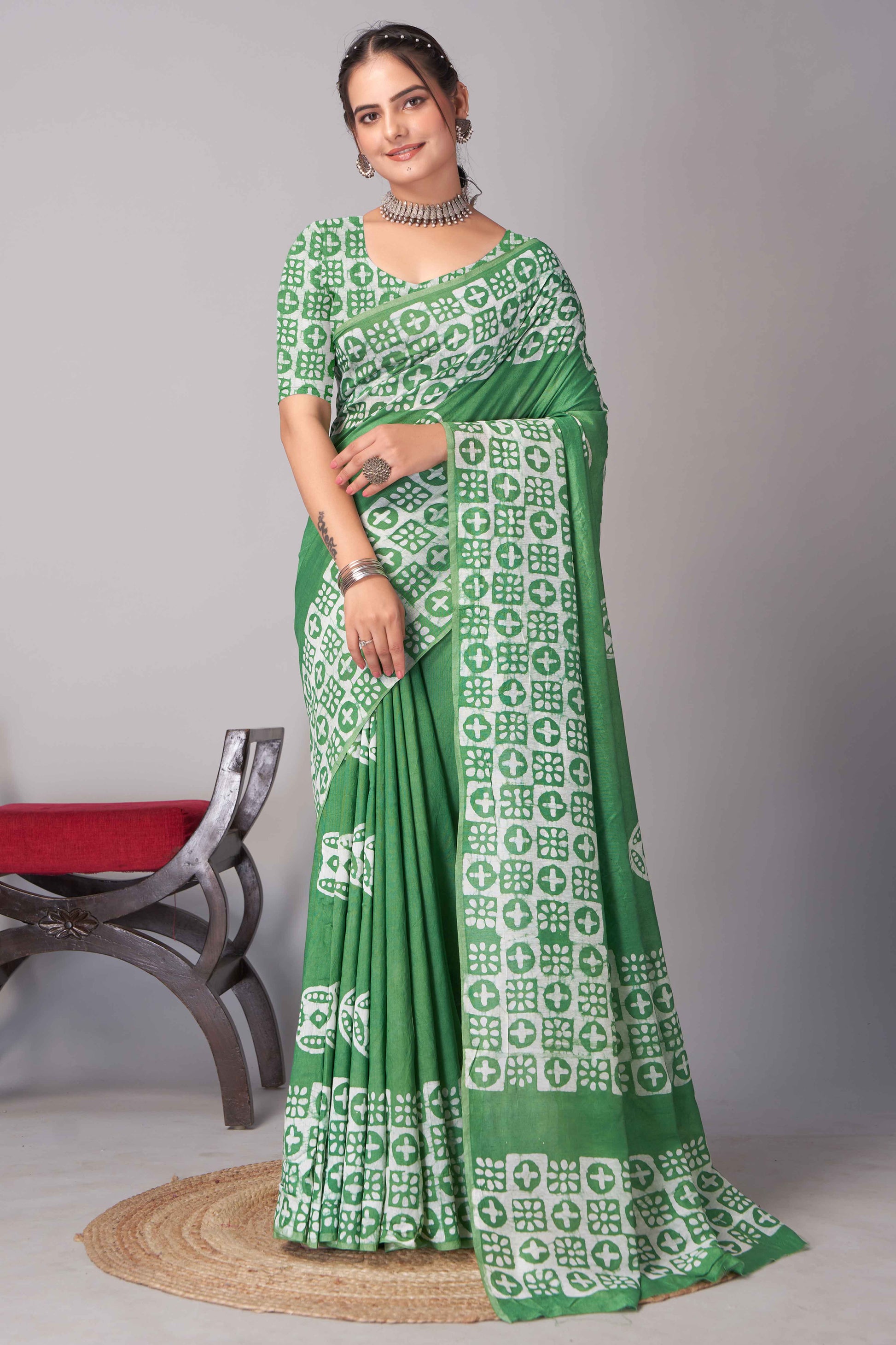 green-batik-printed-chanderi-cotton-silk-saree-7