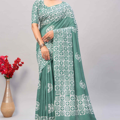 Dusty Green Batik Printed Chanderi Cotton Silk Saree