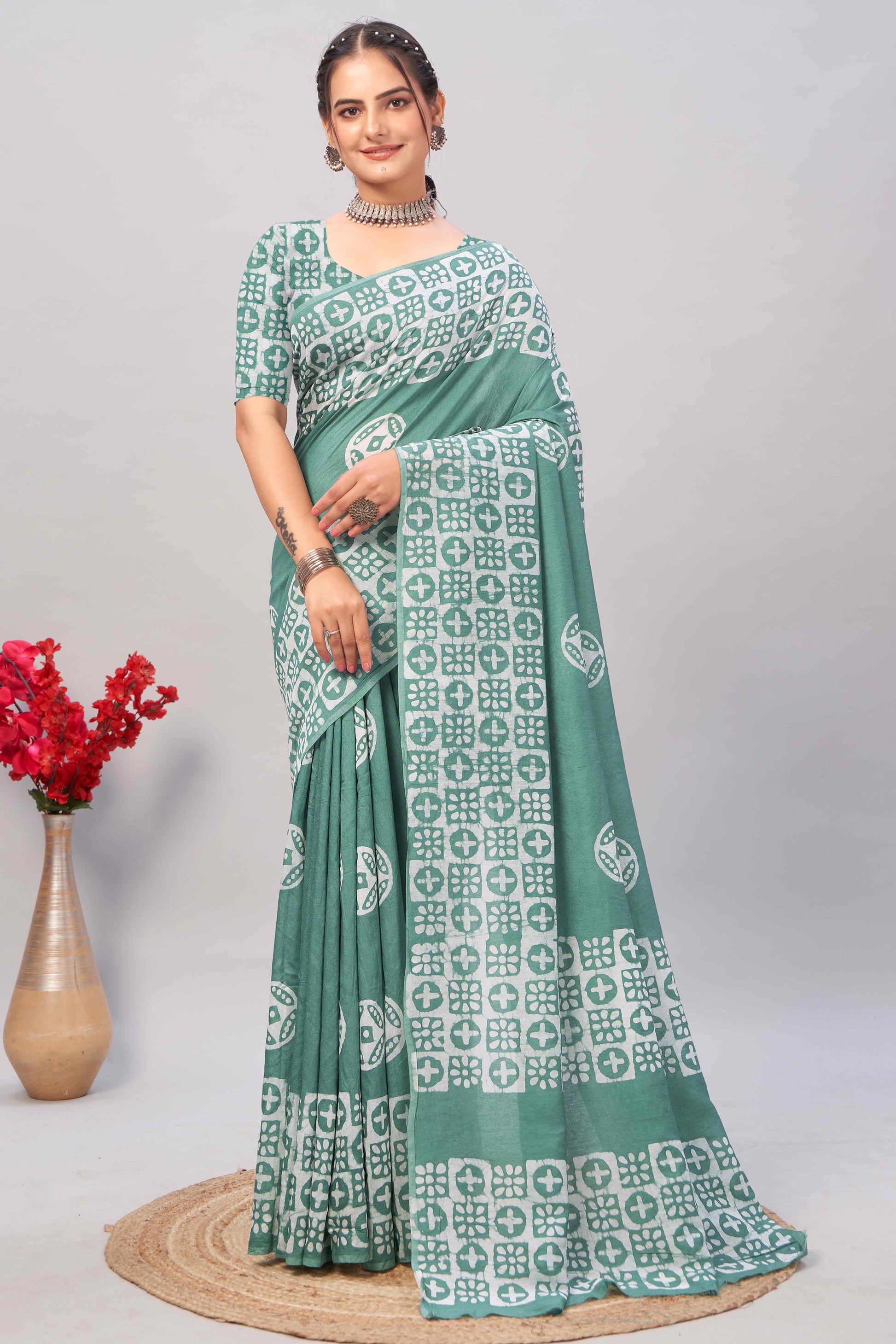 Dusty Green Batik Printed Chanderi Cotton Silk Saree