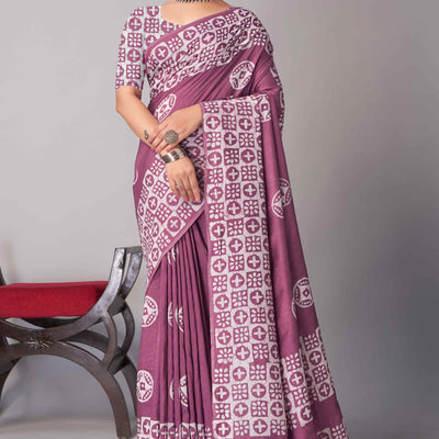 Light Wine Batik Printed Chanderi Cotton Silk Saree