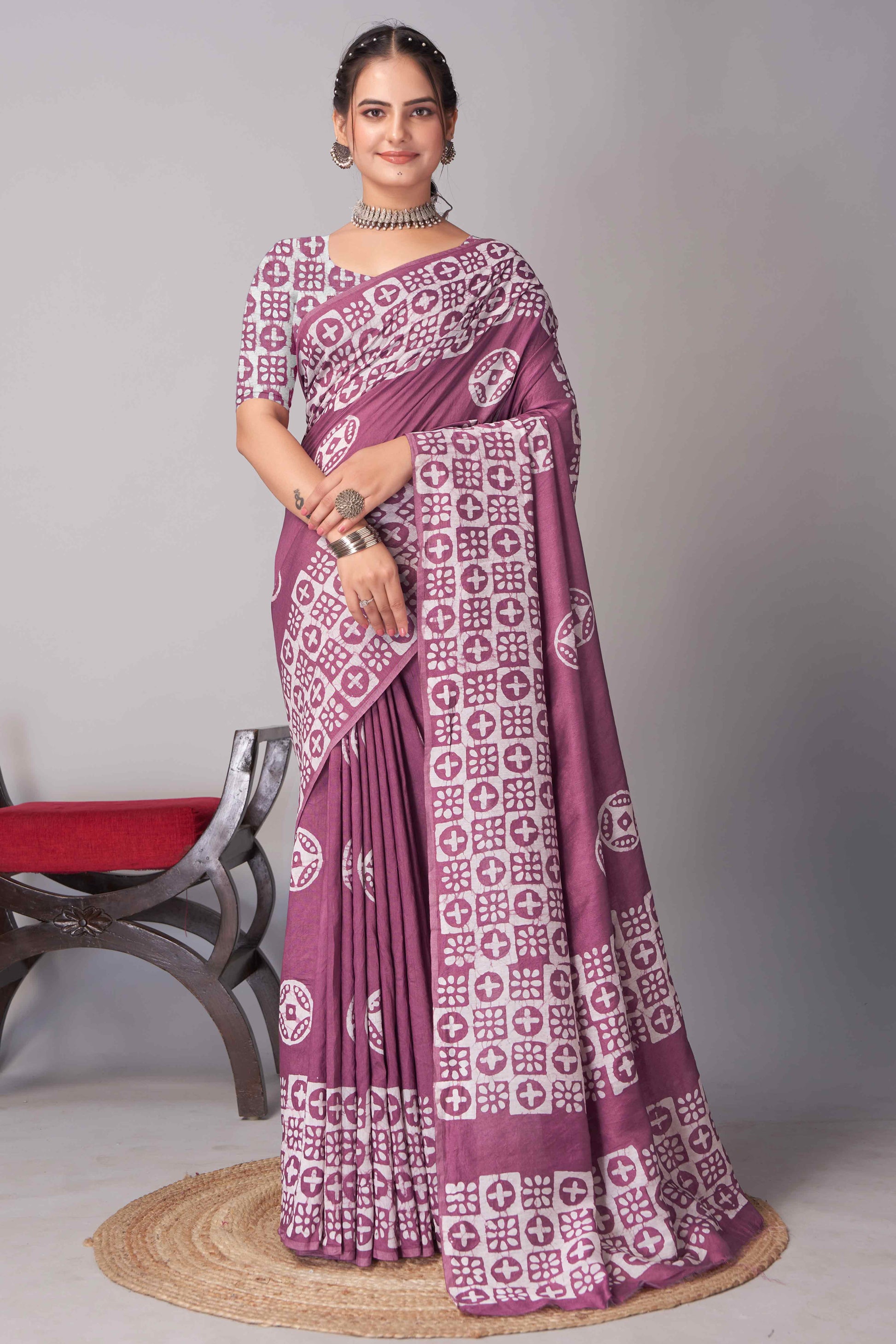 Light Wine Batik Printed Chanderi Cotton Silk Saree