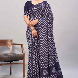 Dark Blue Zig Zag Batik Printed Chanderi Cotton Silk Saree