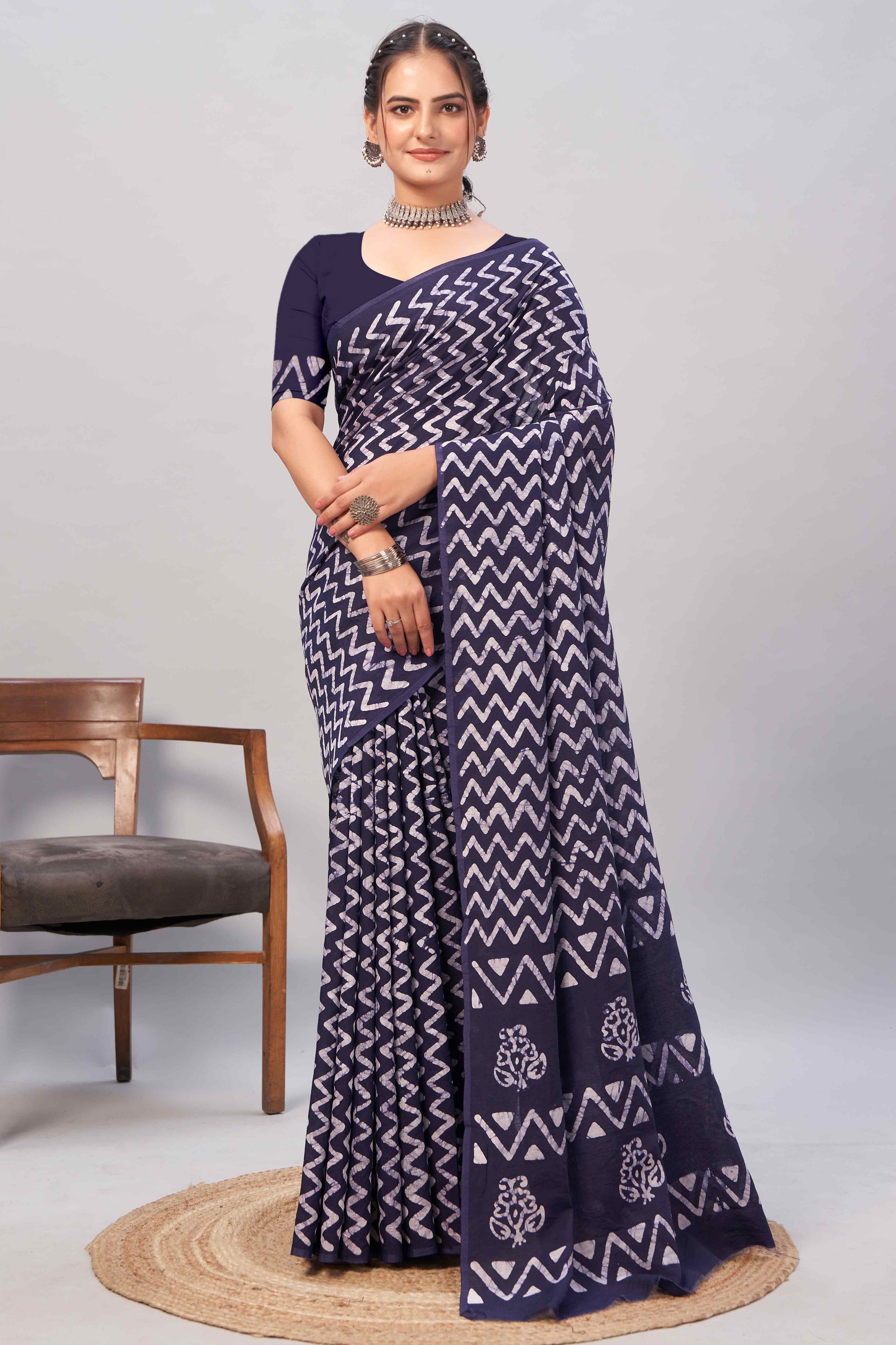Dark Blue Zig Zag Batik Printed Chanderi Cotton Silk Saree