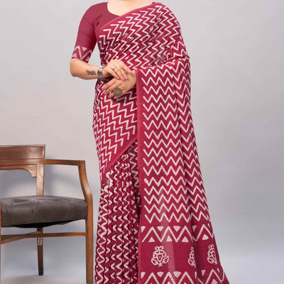 Maroon Zig Zag Batik Printed Chanderi Cotton Silk Saree