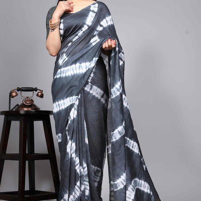 Grey Shibori Leheriya Printed Chanderi Cotton Silk Lagdi Patta Saree