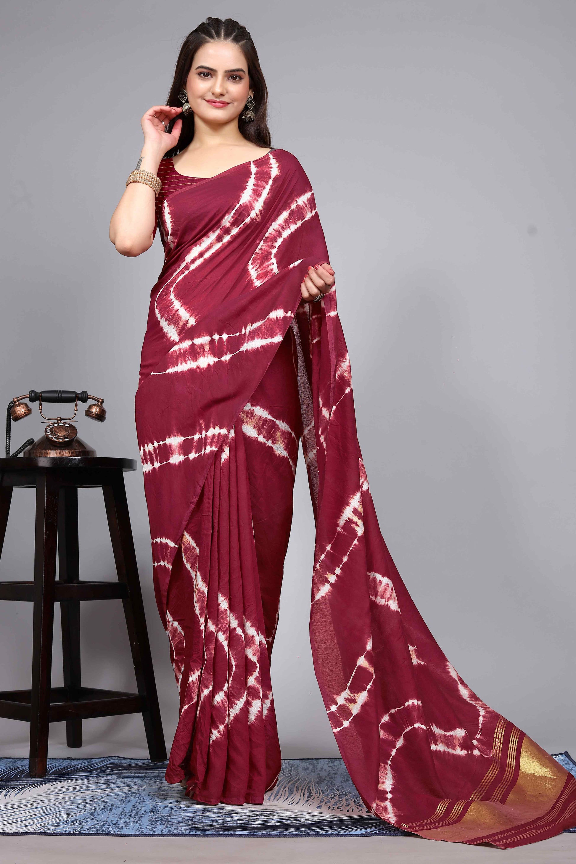 Maroon Shibori Leheriya Printed Chanderi Cotton Silk Lagdi Patta Saree