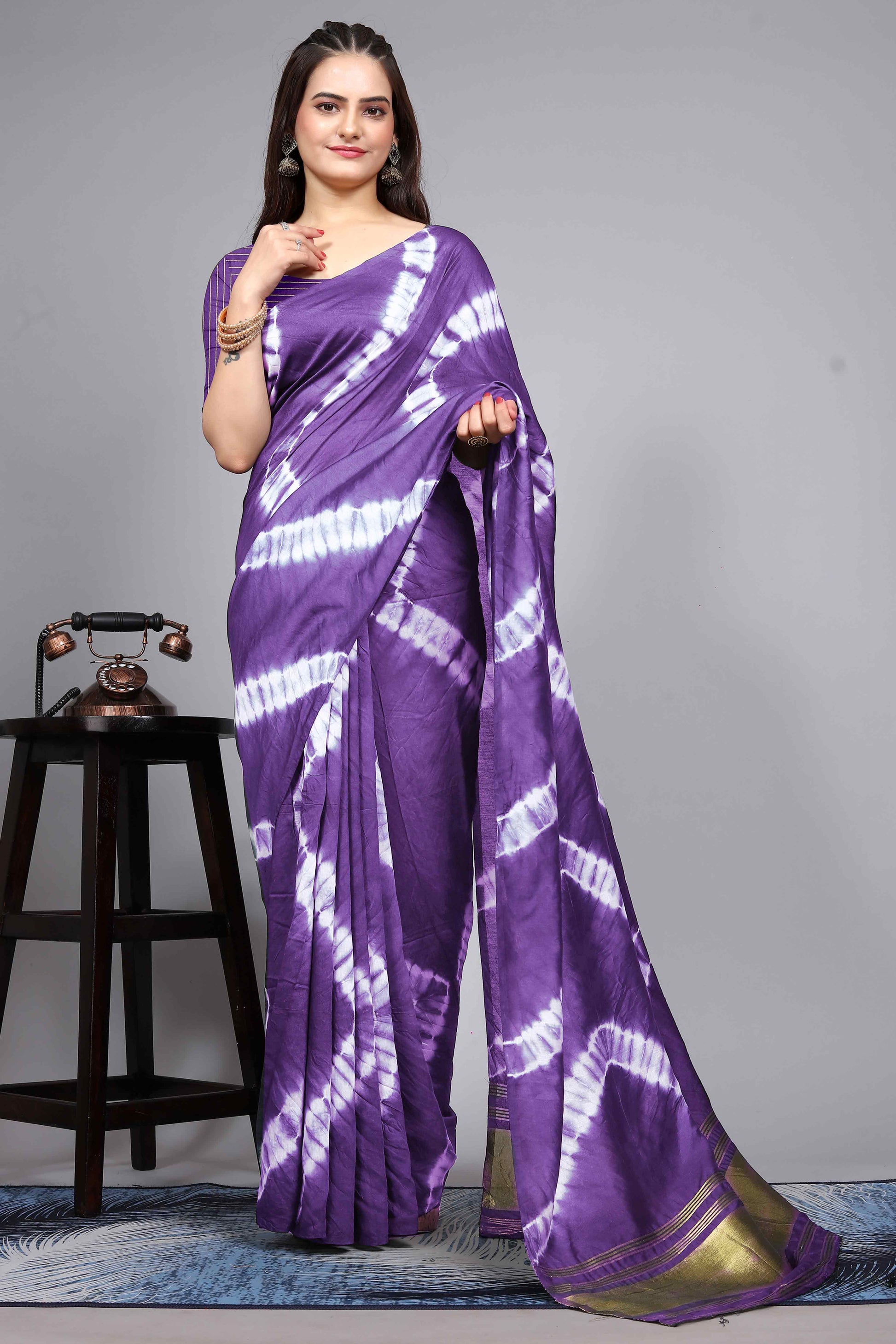 Lavender Shibori Leheriya Printed Chanderi Cotton Silk Lagdi Patta Saree