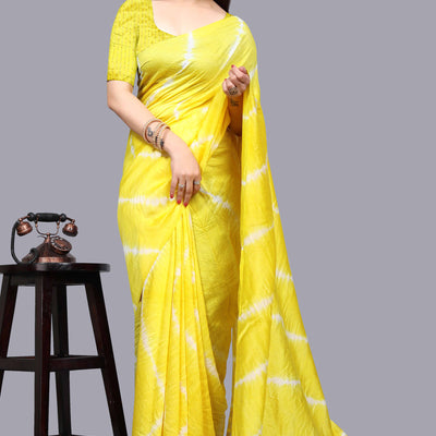 Lemon Yellow Leheriya Printed Chanderi Cotton Silk Lagdi Patta Saree