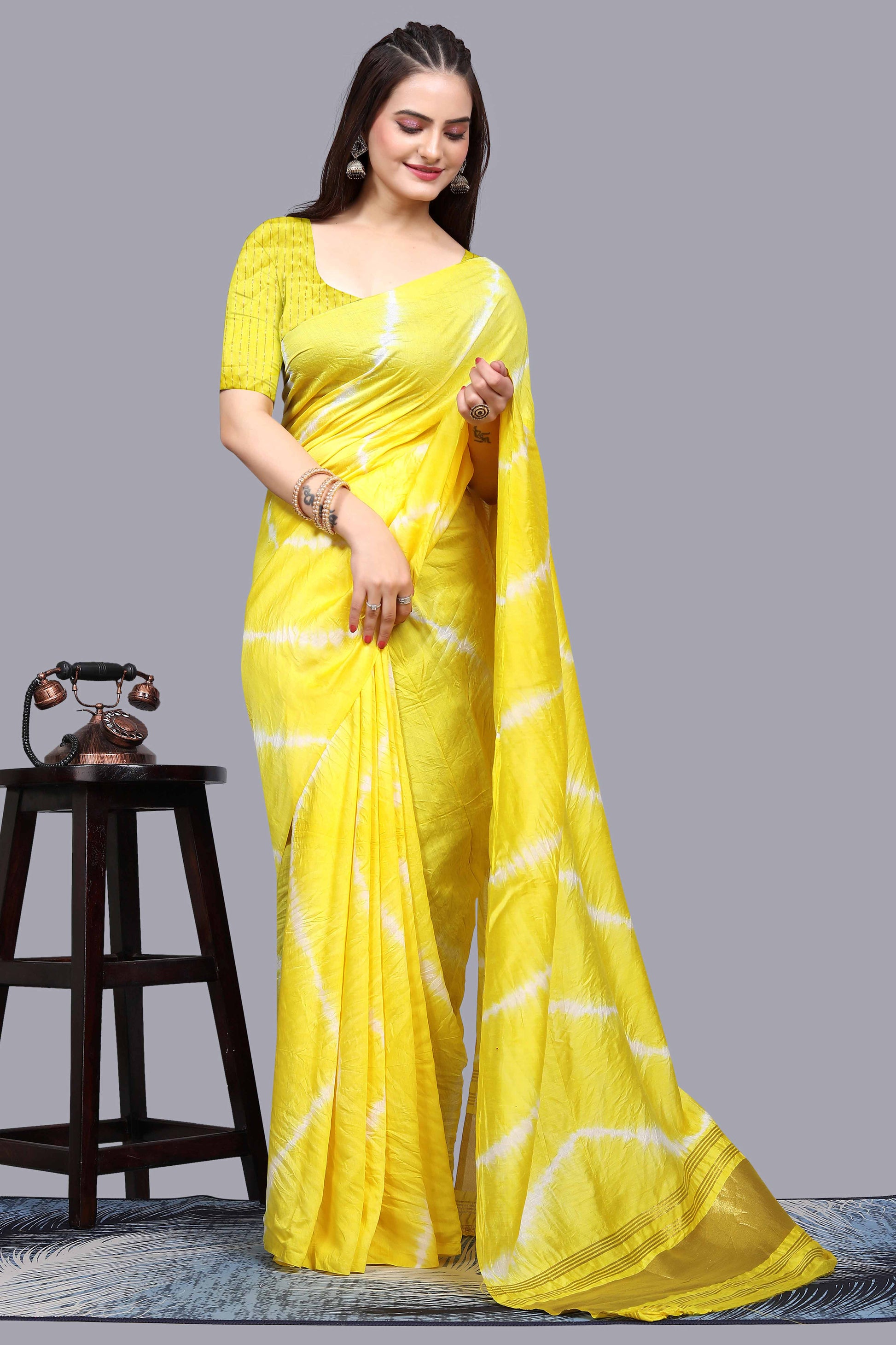 Lemon Yellow Leheriya Printed Chanderi Cotton Silk Lagdi Patta Saree