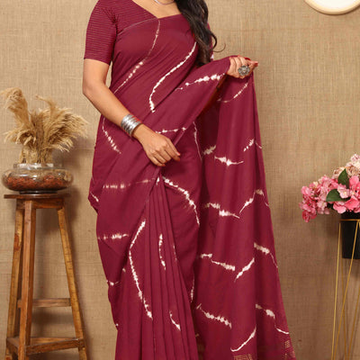 Maroon Leheriya Printed Chanderi Cotton Silk Lagdi Patta Saree