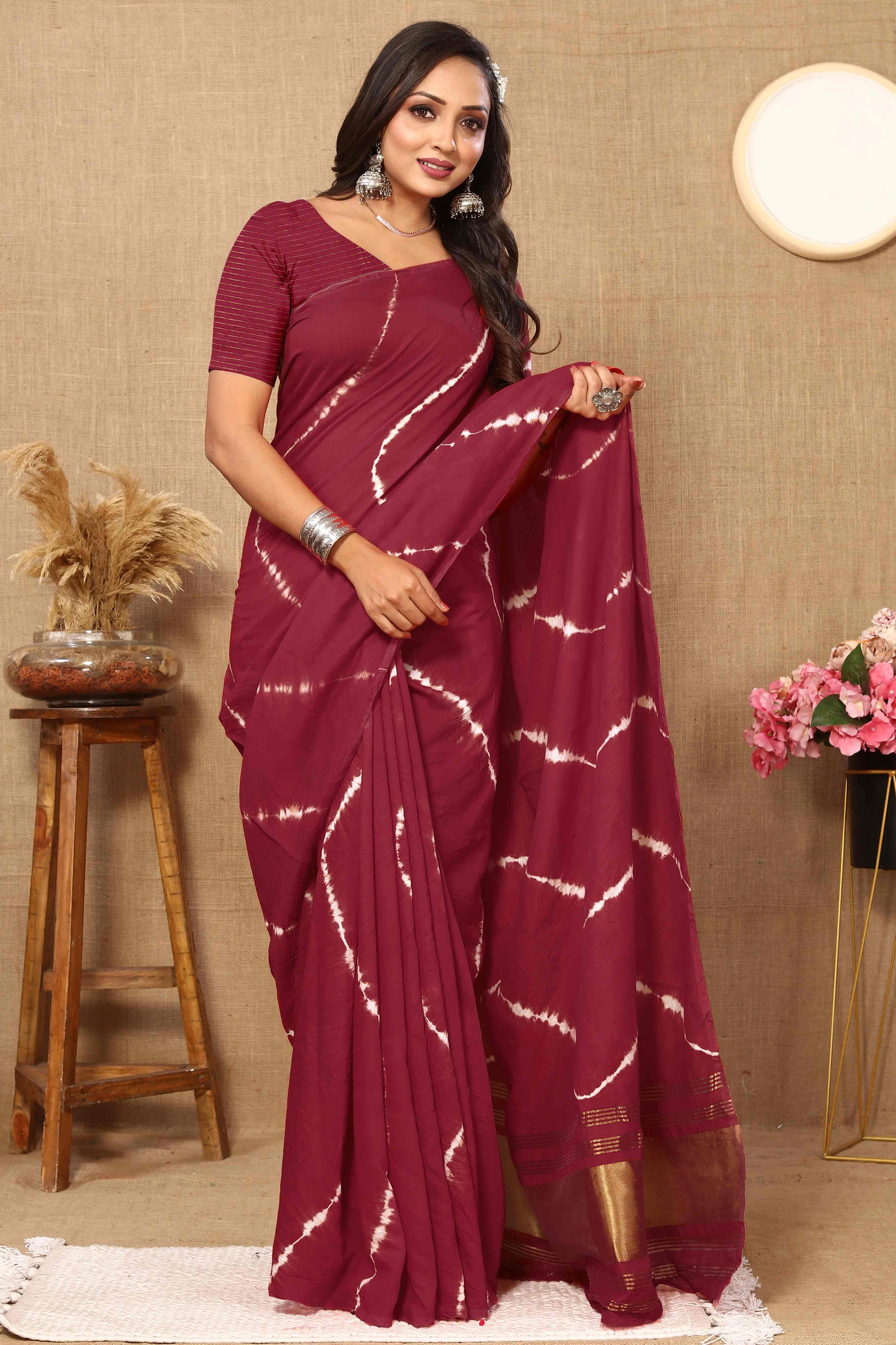 Maroon Leheriya Printed Chanderi Cotton Silk Lagdi Patta Saree