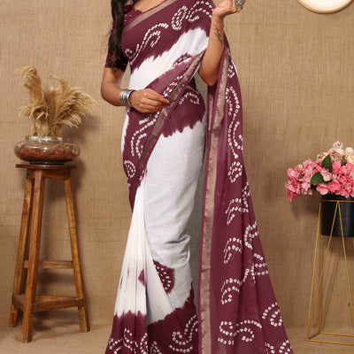 Burgundy & White Bandhani Printed Mul Mul Pure Cotton Saree