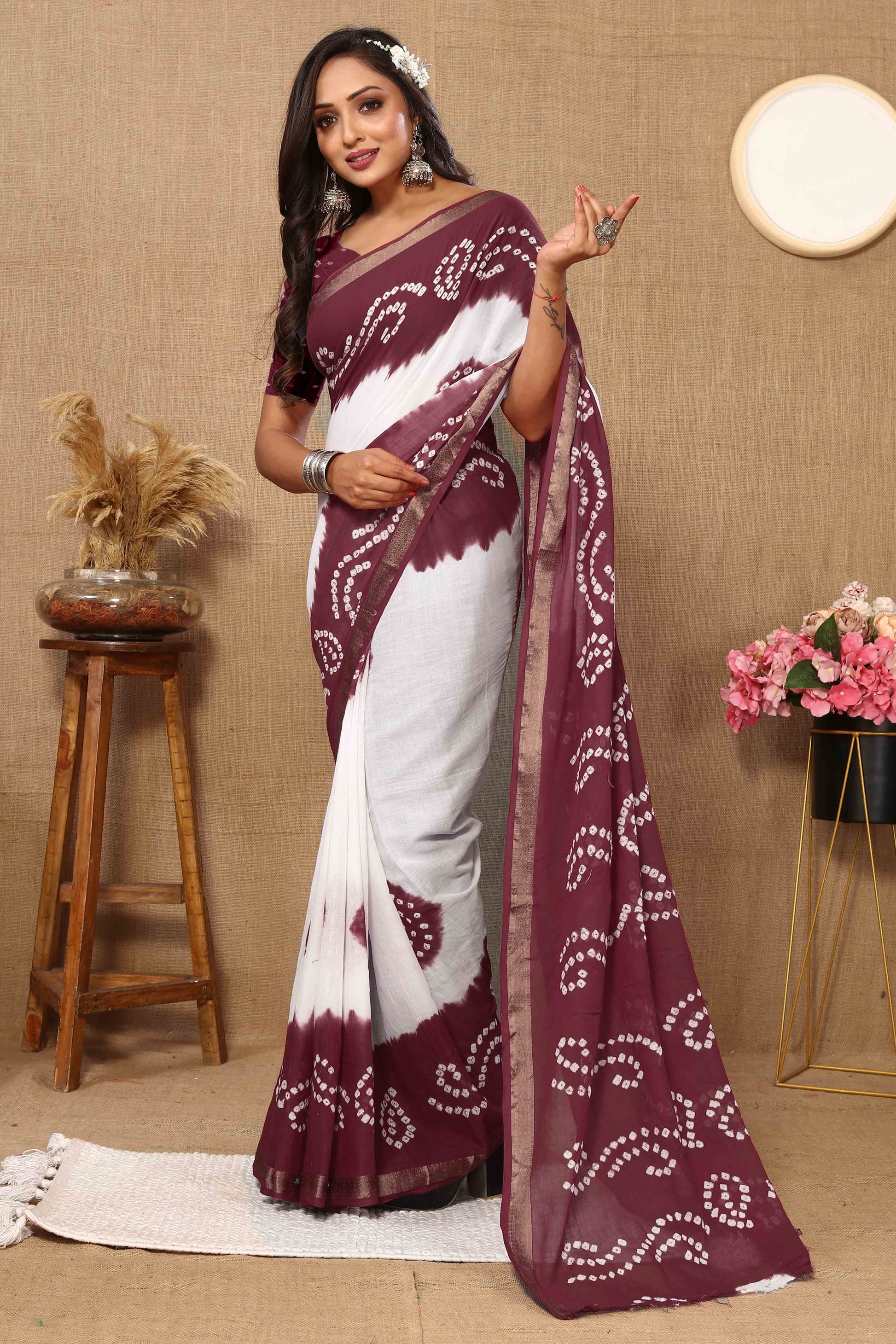 Burgundy & White Bandhani Printed Mul Mul Pure Cotton Saree