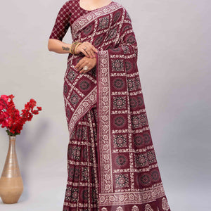 Maroon Ajrakh Printed Cotton Blend Saree