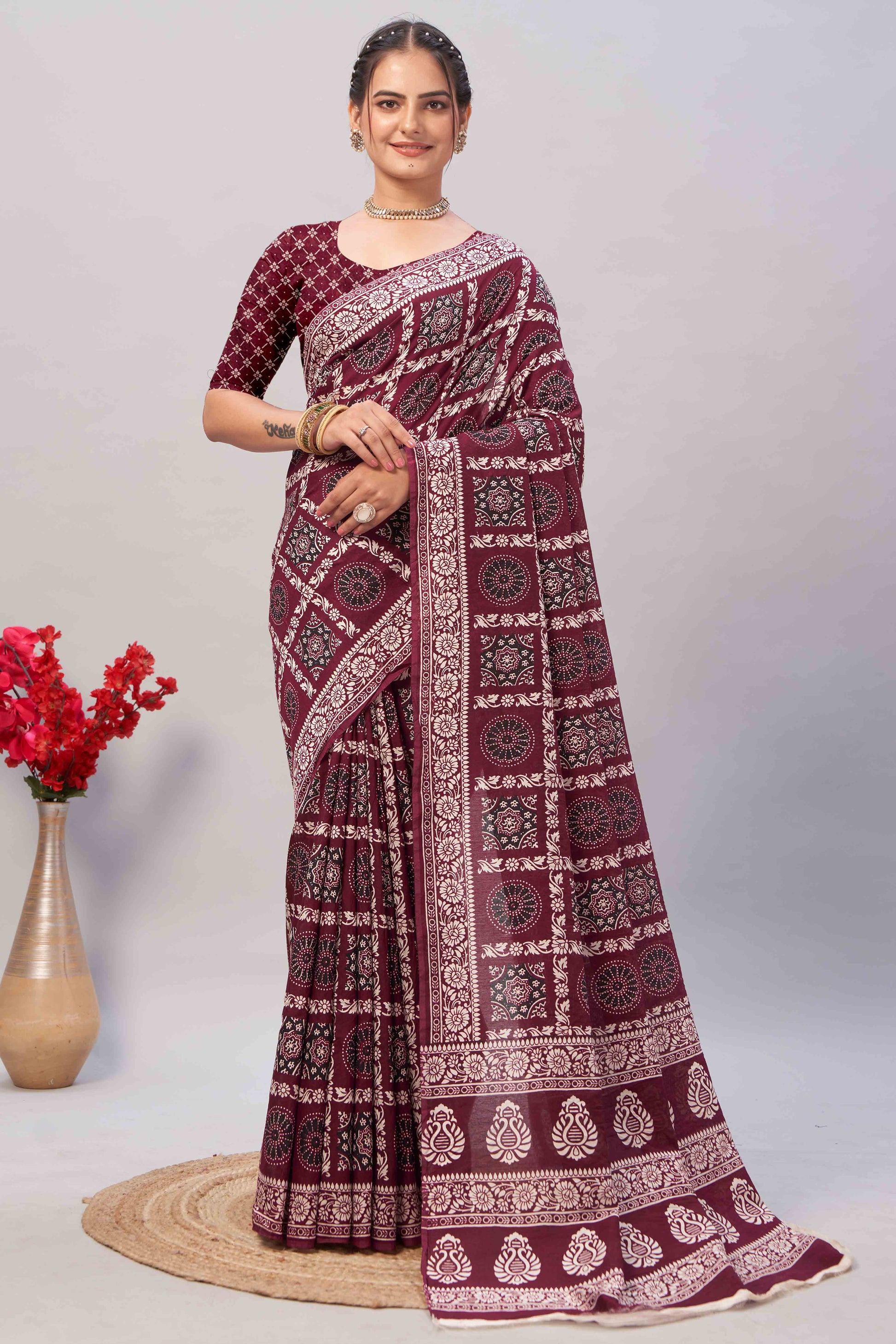 Maroon Ajrakh Printed Cotton Blend Saree
