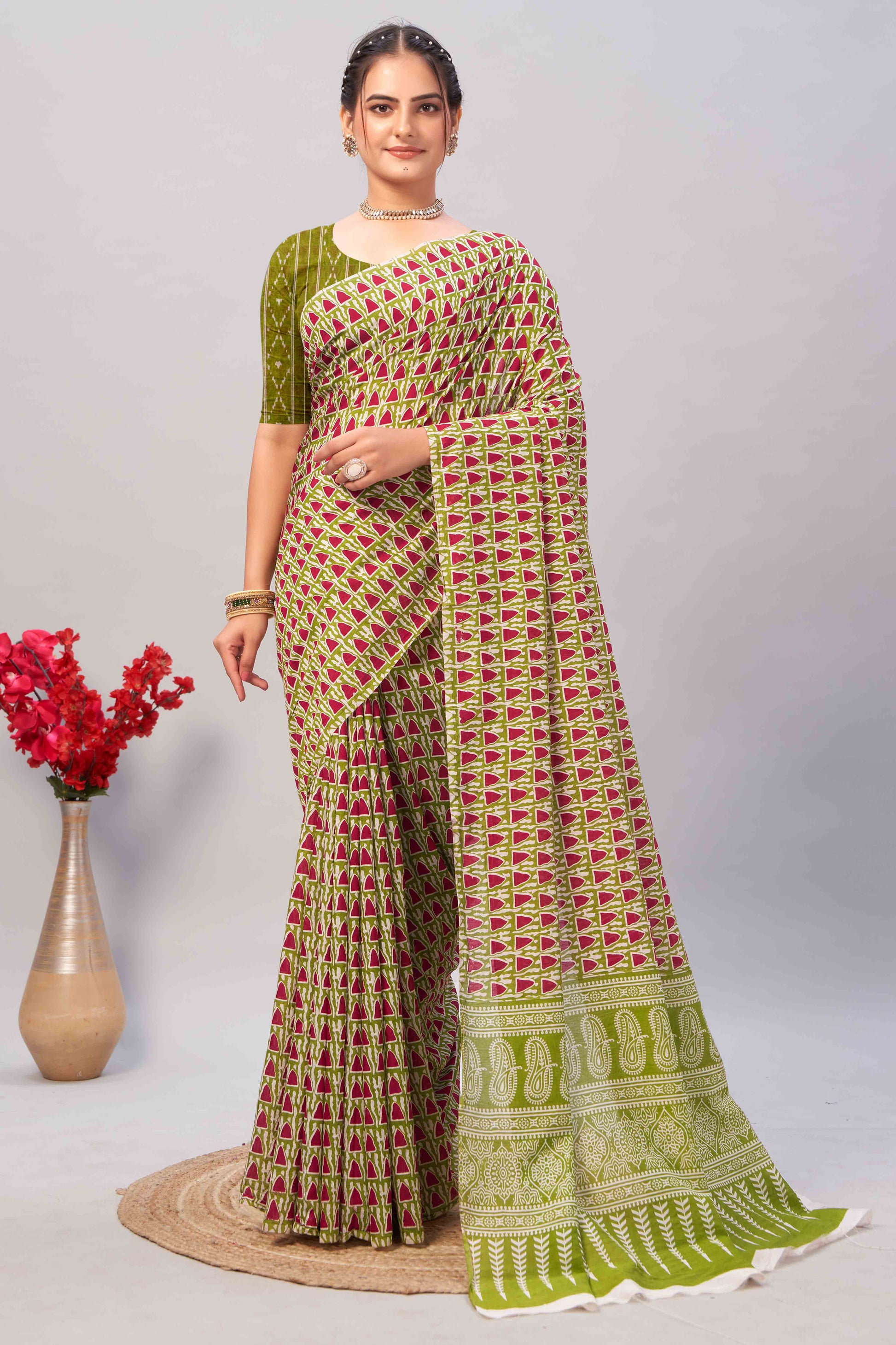 green-ajrakh-printed-cotton-blend-saree