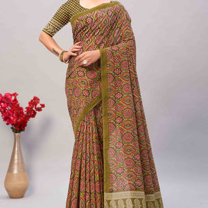 Mehendi Green Ajrakh Printed Cotton Blend Saree