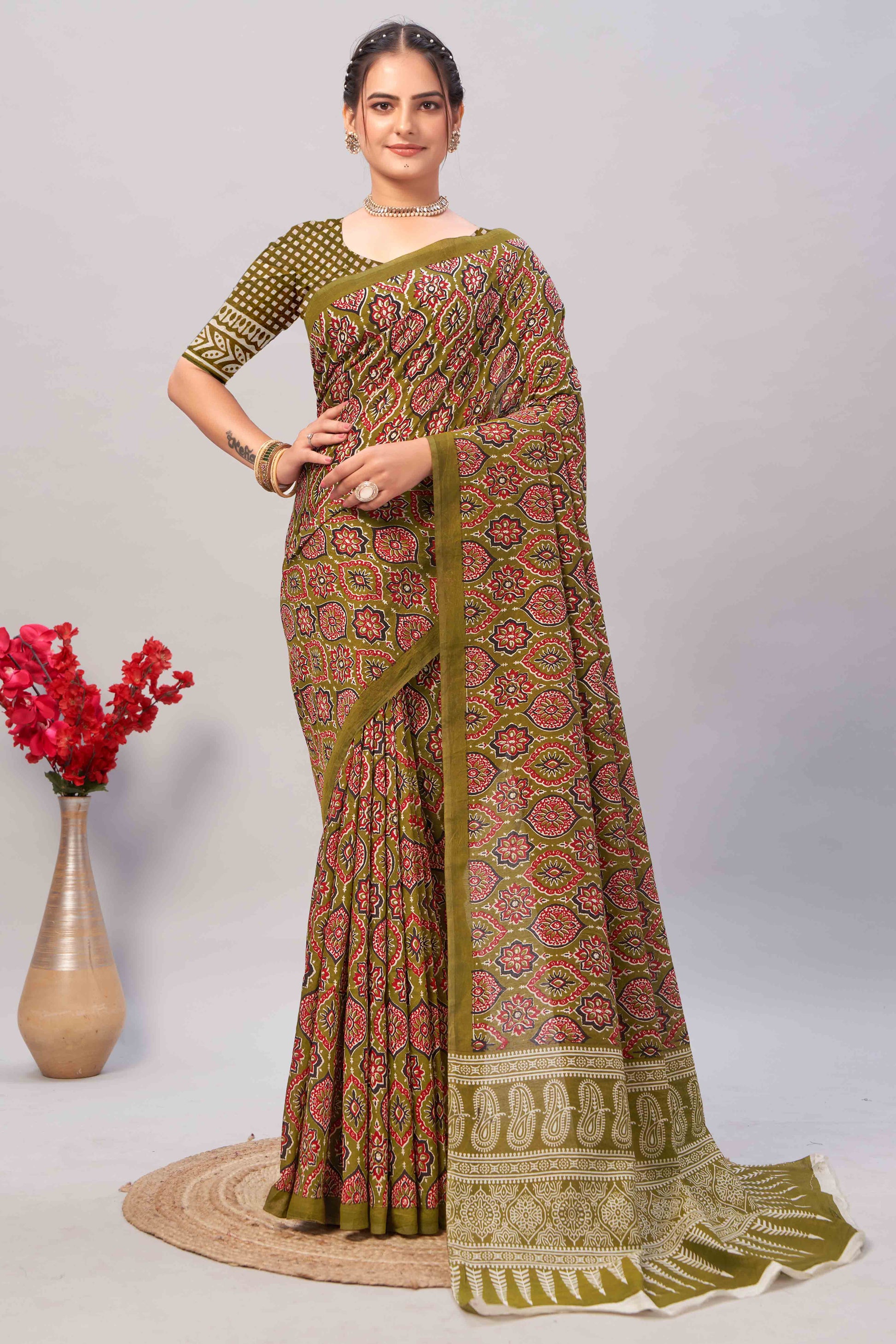 Mehendi Green Ajrakh Printed Cotton Blend Saree
