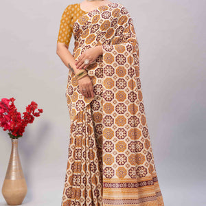 Cream & Mustard Ajrakh Printed Cotton Blend Saree