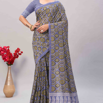 Light Lavender Ajrakh Printed Cotton Blend Saree
