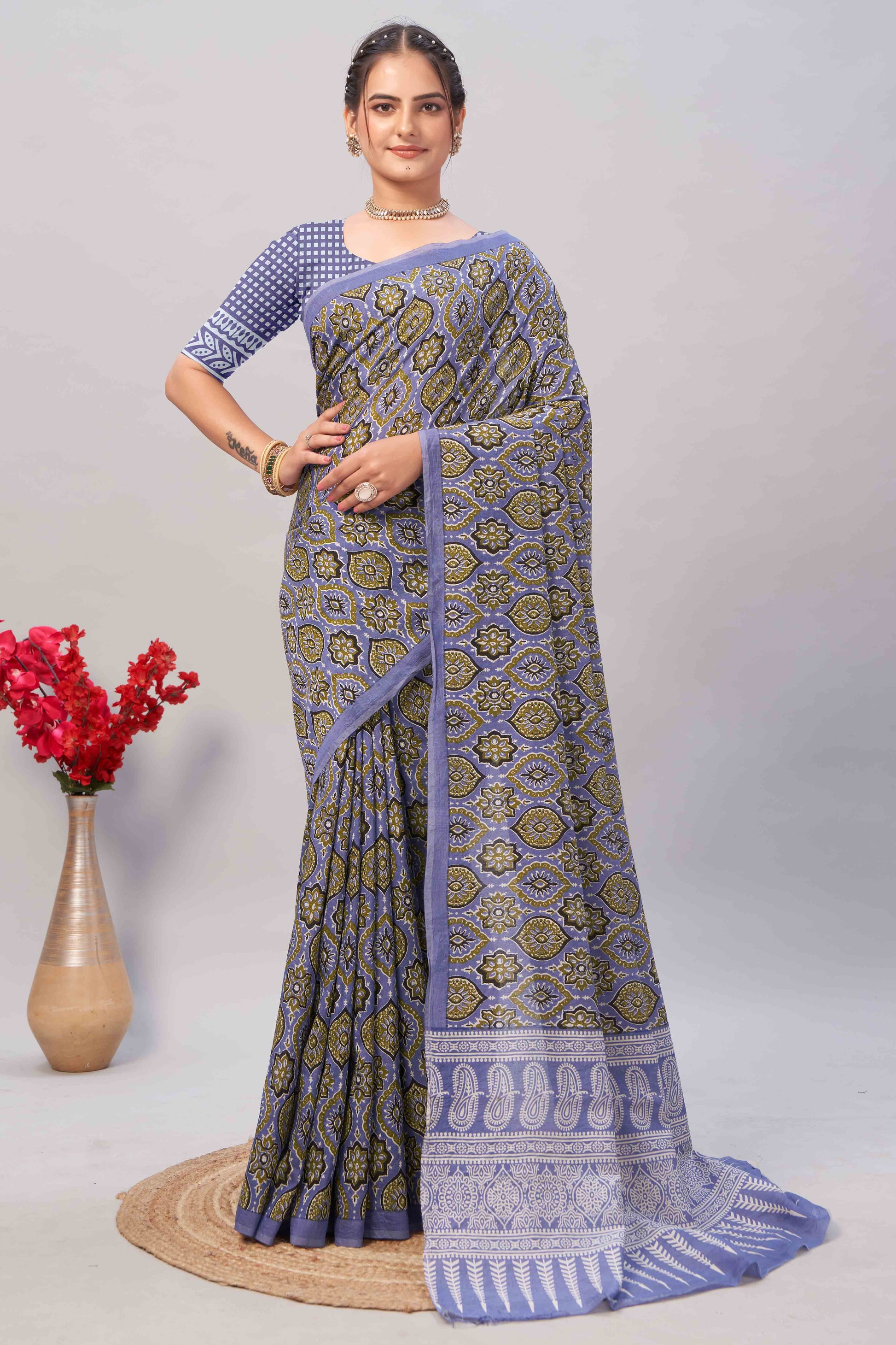 Light Lavender Ajrakh Printed Cotton Blend Saree