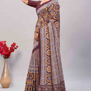 Dark Maroon Ajrakh Printed Cotton Blend Saree