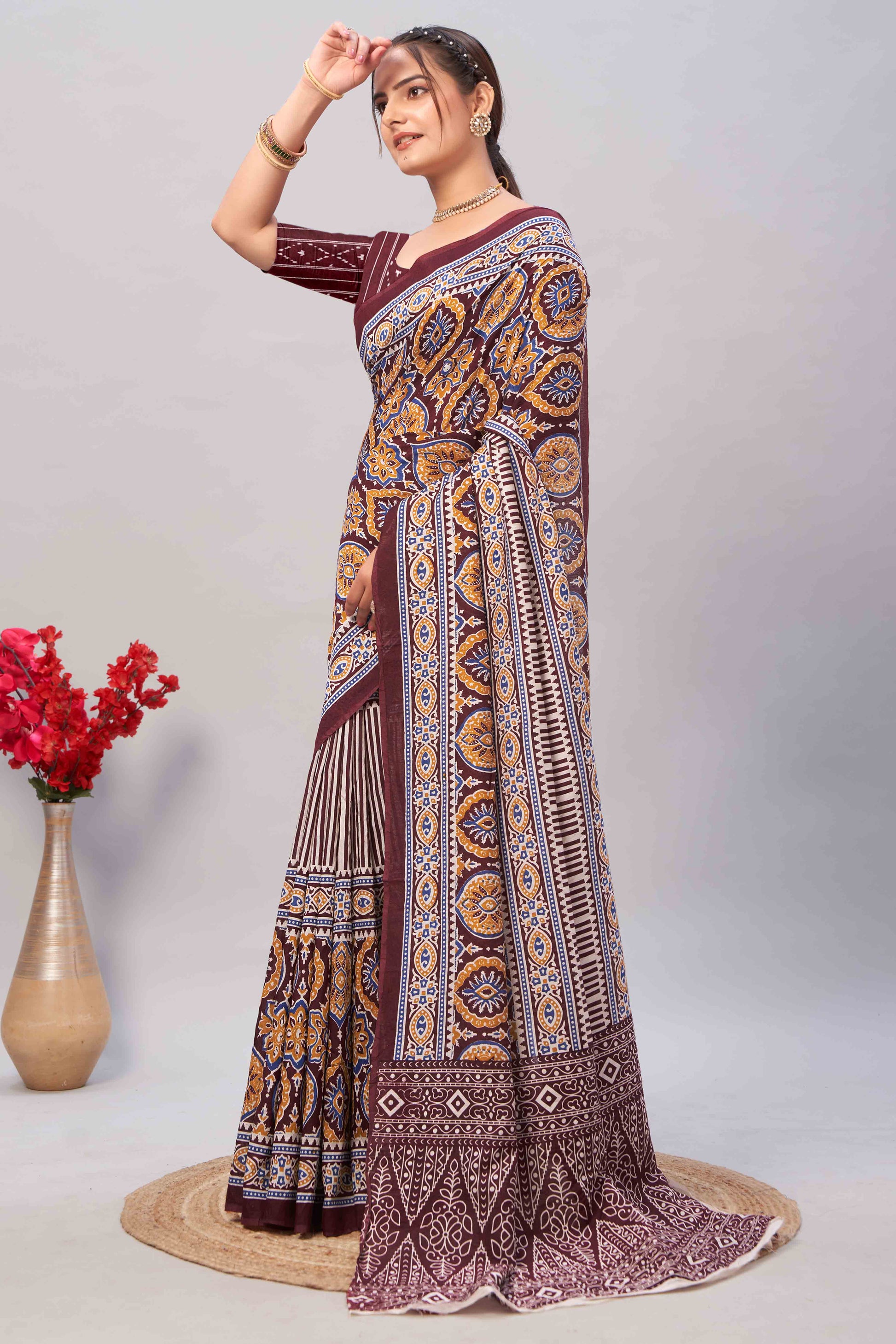 Dark Maroon Ajrakh Printed Cotton Blend Saree