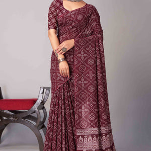 Dark Maroon Ajrakh Printed Cotton Blend Saree