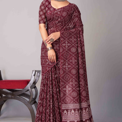 Dark Maroon Ajrakh Printed Cotton Blend Saree